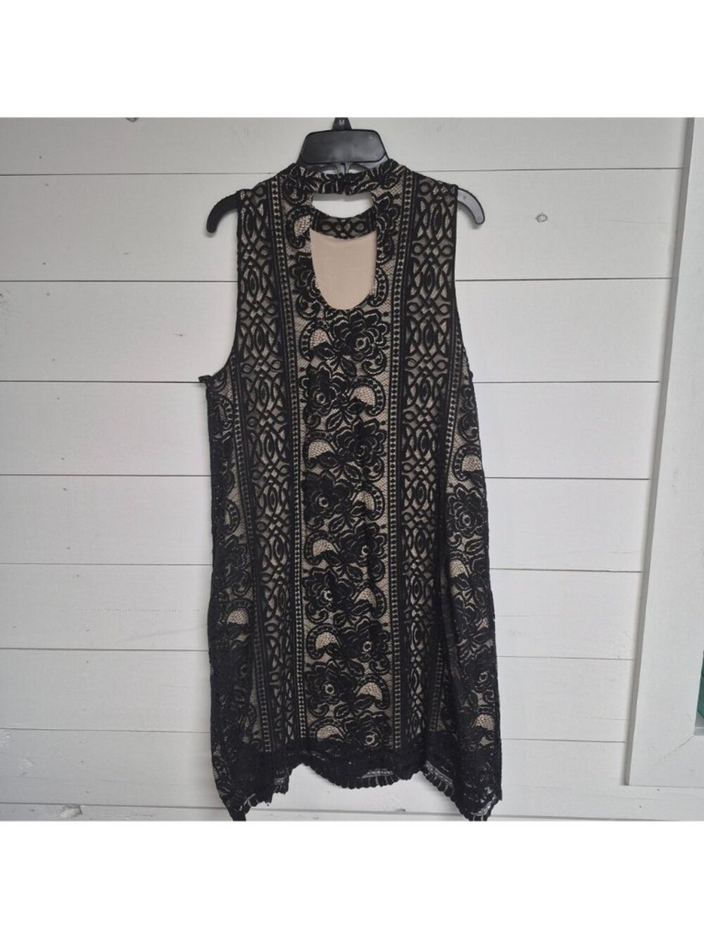 Love Fire Black Lace Sleeveless Dress With Nude Lining Floral Pattern High Neck - Picture 2 of 6
